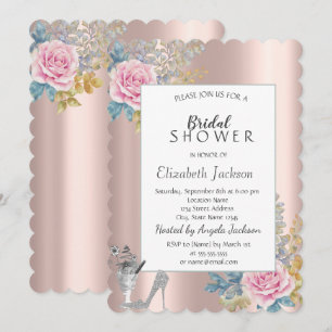 Invitación Flores, Tacones Altos con Brillo en Rosa Dorado pa