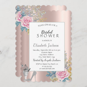 Invitación Flores, tacones altos Purpurinas Rosa Ducha Nodal 