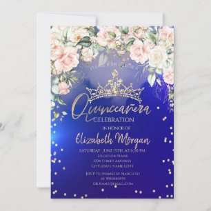 Invitación Flores Tiara de Oro Diamantes Azules Quinceañera