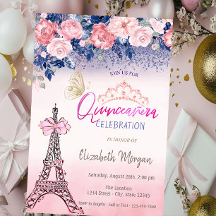 Invitación Flores, Torre Eiffel con lazo Mariposa Quinceañera