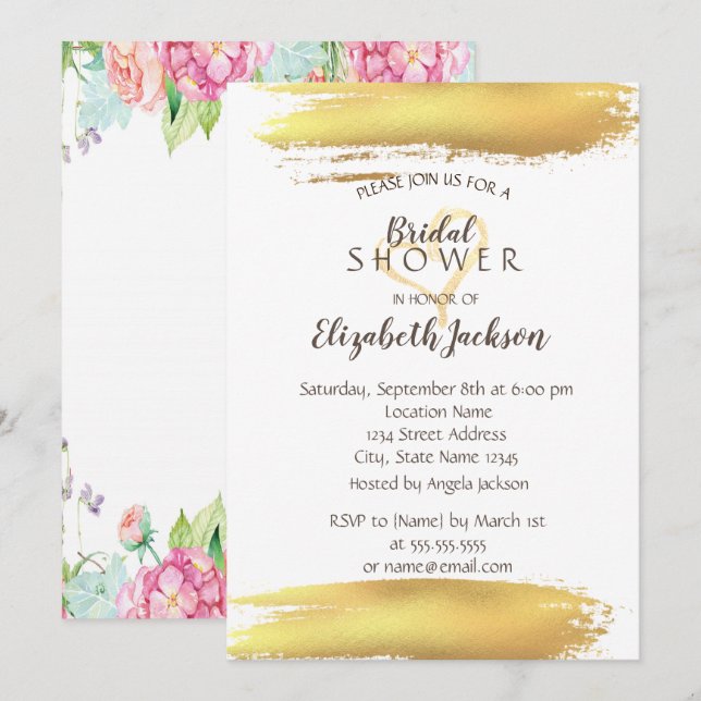 Invitación Flores Trazo de Pincel Dorado Despedida de Soltera (Anverso / Reverso)