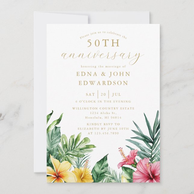 Invitación Flores tropicales 50° aniversario Boda (Anverso)
