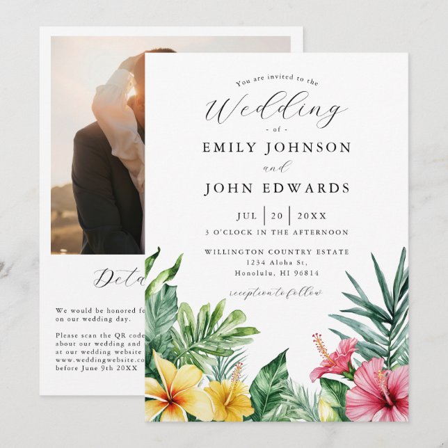 Invitación Flores tropicales acuarela Foto Boda de código QR (Anverso / Reverso)