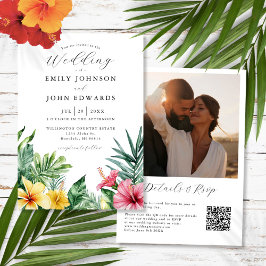 Invitación Flores tropicales acuarela Foto Boda de código QR