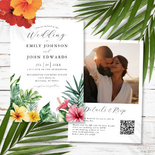 Invitación Flores tropicales acuarela Foto Boda de código QR