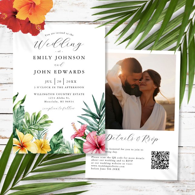 Invitación Flores tropicales acuarela Foto Boda de código QR (Watercolor Tropical Flowers Photo QR Code Wedding Invitation)