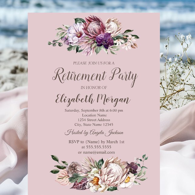Invitación Flores tropicales acuarela, Jubilación rosa  (Subido por el creador)