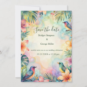 Invitación Flores tropicales acuarela pájaros boda Hawaii