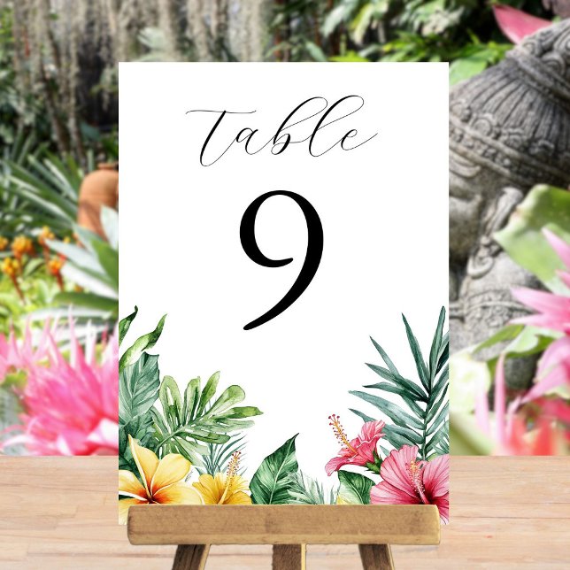 Invitación Flores Tropicales Acuarela Vegetación Número de Me (Watercolor Tropical Flowers Greenery Table Number)