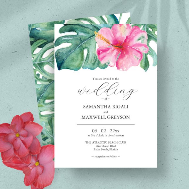 Invitación Flores tropicales acuáticas y Boda de la vegetació (Tropical hibiscus flower wedding invitations feature unique watercolor art by Victoria Grigaliunas)