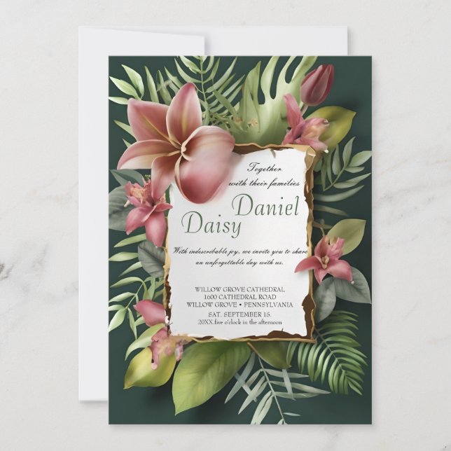 Invitación Flores tropicales acuáticas y Boda de vegetación I (Anverso)