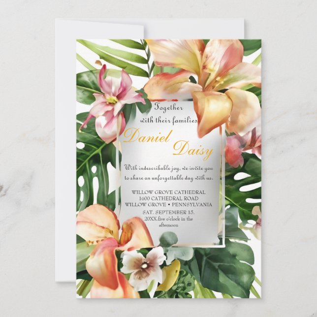 Invitación Flores tropicales acuáticas y Boda de vegetación I (Anverso)