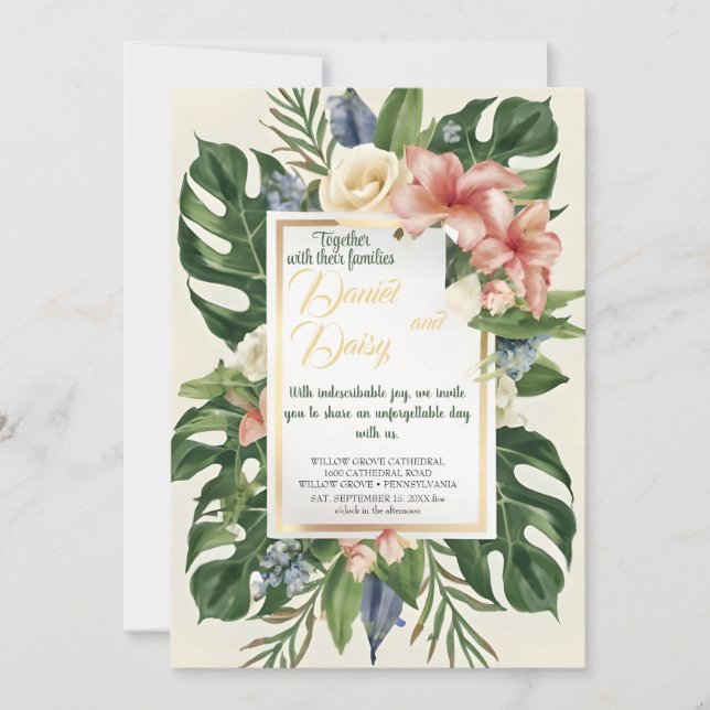 Invitación Flores tropicales acuáticas y Boda de vegetación I (Anverso)