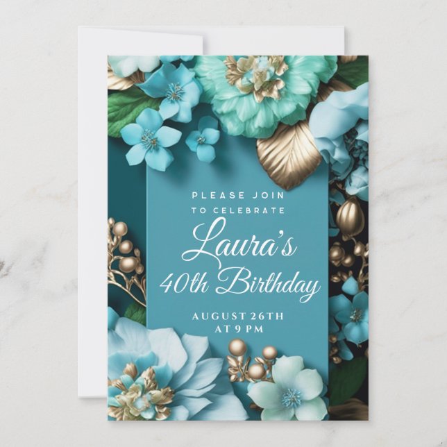 Invitación Flores tropicales azules purpurina dorada Cumpleañ (Anverso)