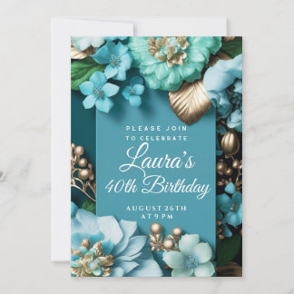 Invitación Flores tropicales azules purpurina dorada Cumpleañ