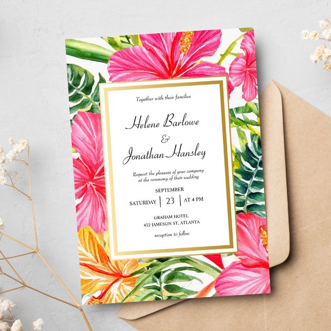 Invitación Flores tropicales Boda de destino Hibiscus (Tropical Flowers Hibiscus Destination Wedding Invitation)