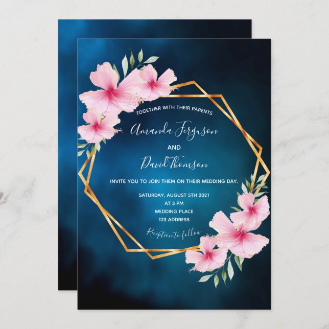 Invitación Flores tropicales boda geométrico rosa azul oscuro (Anverso / Reverso)