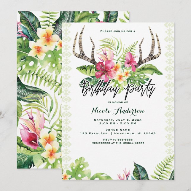 Invitación Flores tropicales Boho Partido de Cumpleaños Rústi (Anverso / Reverso)