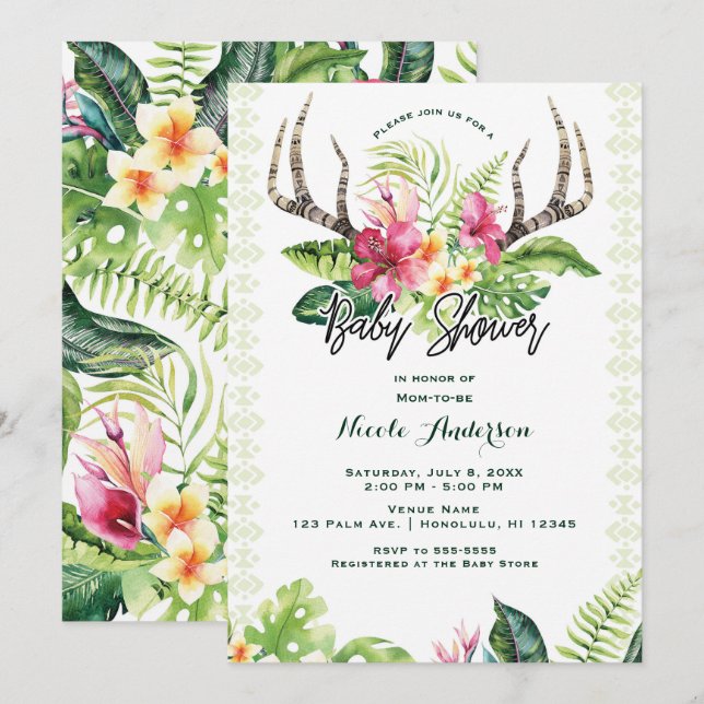 Invitación Flores tropicales Boho Rustic Antler Baby Shower (Anverso / Reverso)
