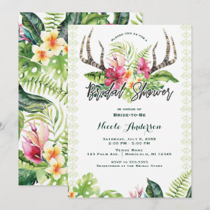 Invitación Flores Tropicales Boho Rústico Castaña Lluvia de N