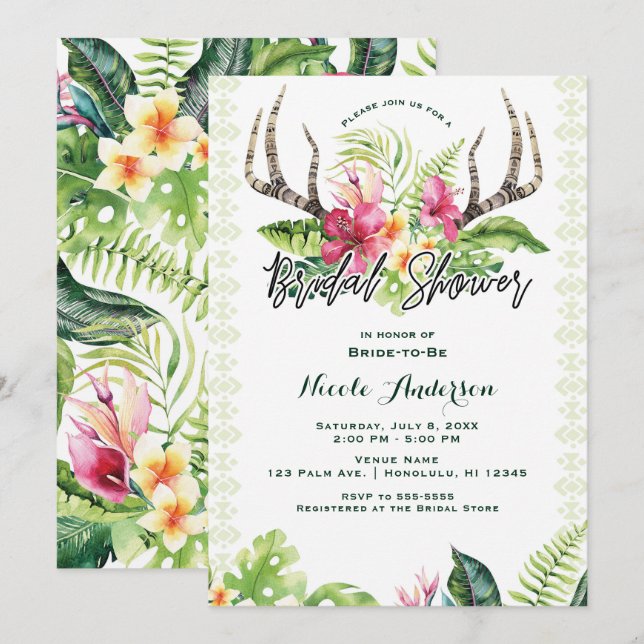 Invitación Flores Tropicales Boho Rústico Castaña Lluvia de N (Anverso / Reverso)