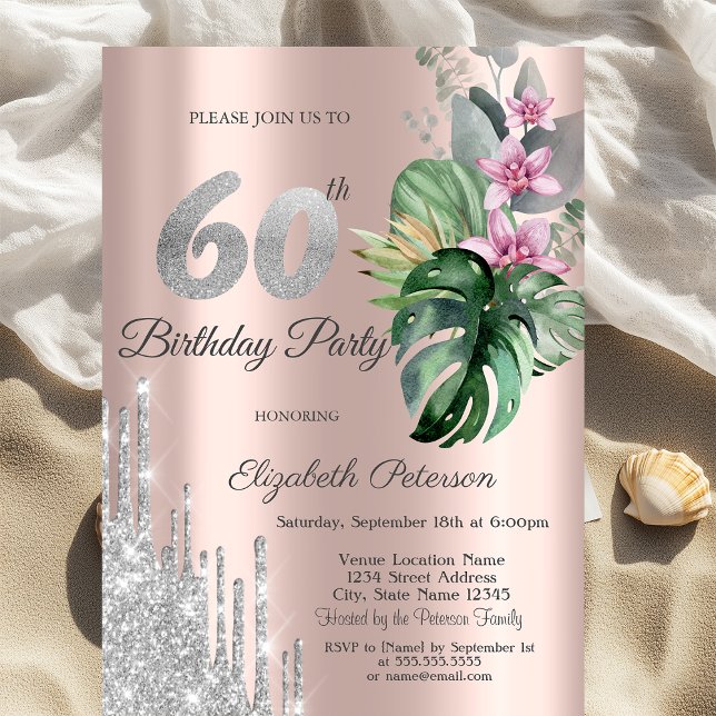 Invitación Flores Tropicales Brillo Gotea Rosa Dorado 60th  (Subido por el creador)