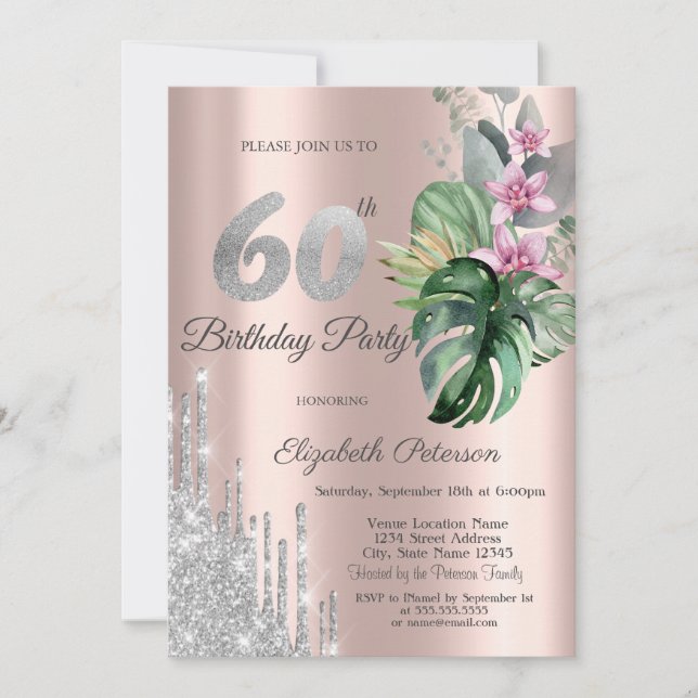 Invitación Flores Tropicales Brillo Goteo Oro Rosa 60  (Anverso)