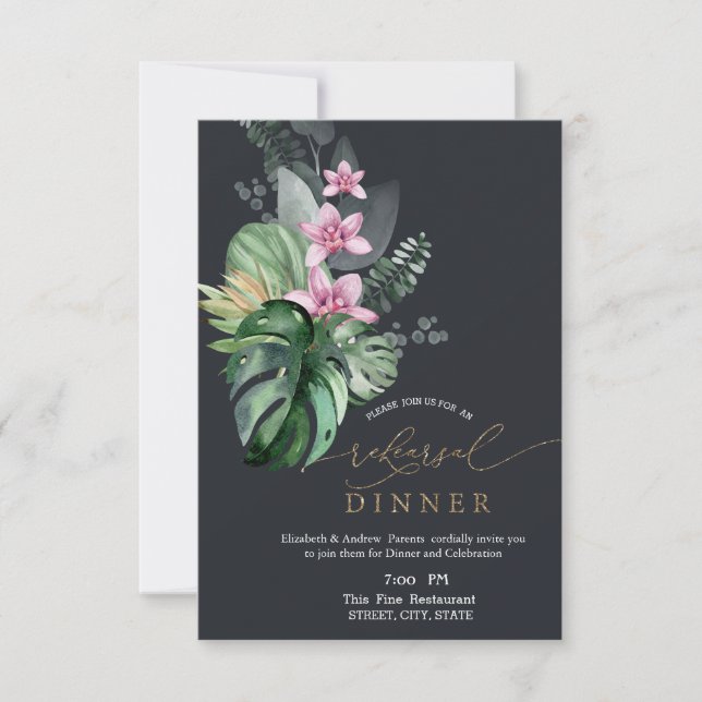 Invitación Flores Tropicales Cena de Ensayo Oscura (Anverso)