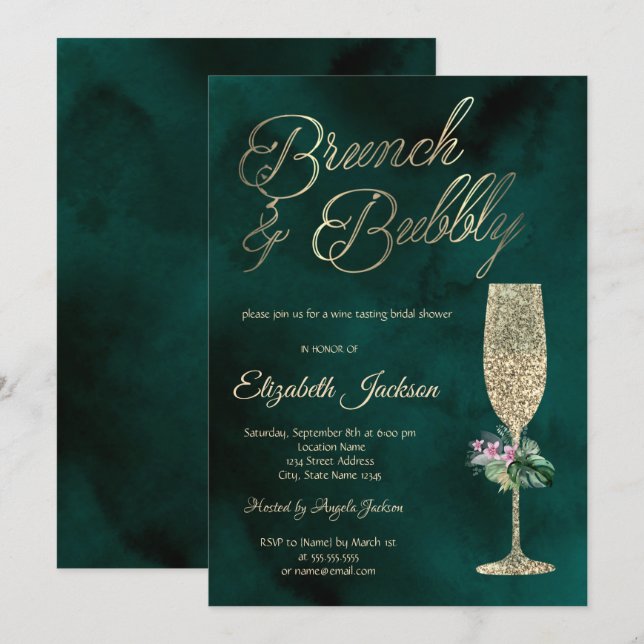 Invitación Flores tropicales Champagne Glass Green (Anverso / Reverso)