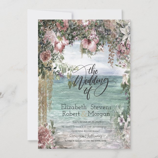 Invitación Flores Tropicales Chic Boda Oceano (Anverso)