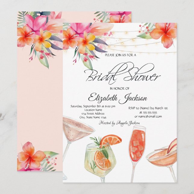 Invitación Flores tropicales Cócteles Luces Ducha Bridal (Anverso / Reverso)