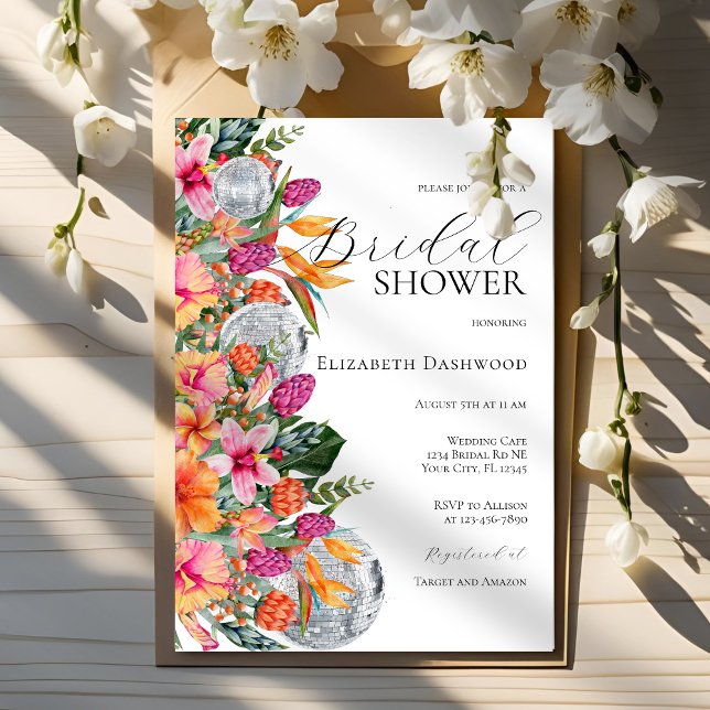 Invitación Flores tropicales coloridas Disco Ball Bridal Show (Subido por el creador)
