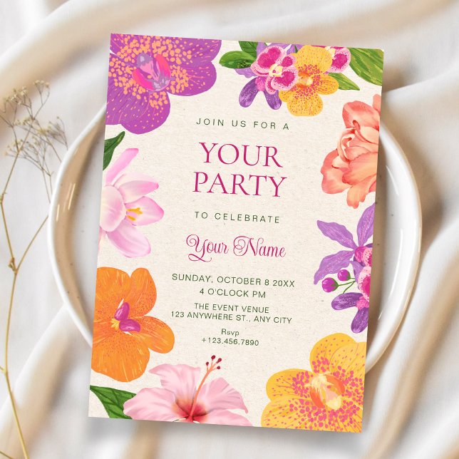 Invitación Flores tropicales coloridas florecen  (Subido por el creador)