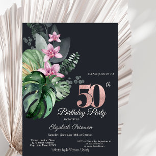 Invitación Flores Tropicales Cumpleaños 50 Oscuro
