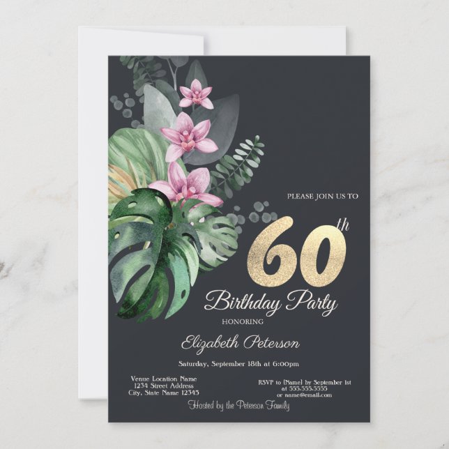 Invitación Flores Tropicales Cumpleaños 60 Oscuro (Anverso)