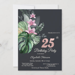 Invitación Flores Tropicales Cumpleaños Oscuro 25