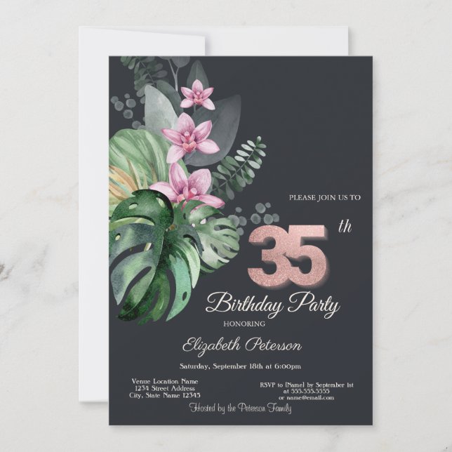 Invitación Flores Tropicales Cumpleaños Oscuro 35 (Anverso)