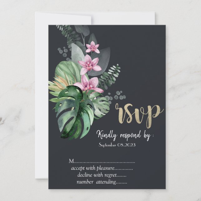 Invitación Flores tropicales Dark RSVP (Anverso)