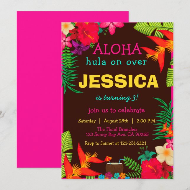 Invitación Flores tropicales de Aloha Hawaii Hibiscus Cumplea (Anverso / Reverso)