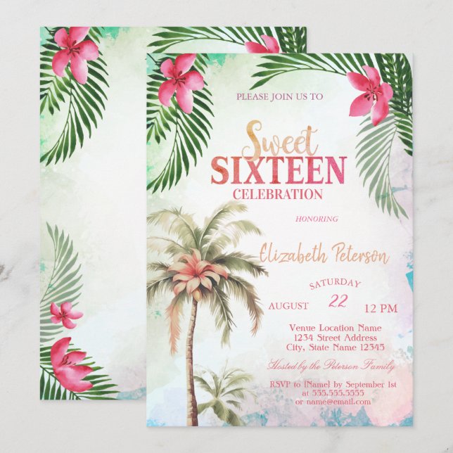 Invitación Flores tropicales de árbol de palmera Dulce de ver (Anverso / Reverso)