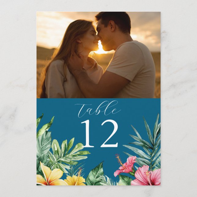 Invitación Flores tropicales de azul oceánico Número de tabla (Reverso)