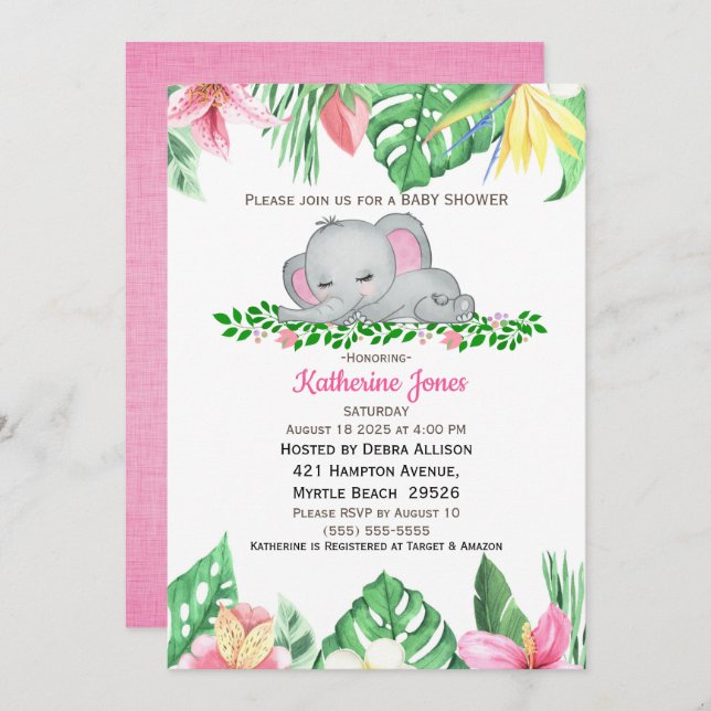 Invitación Flores tropicales de bebé elefantes que duermen (Anverso / Reverso)