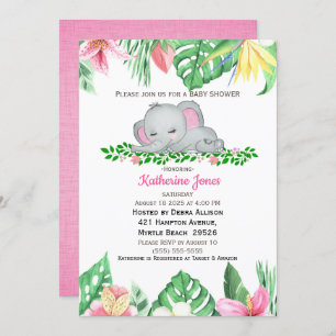 Invitación Flores tropicales de bebé elefantes que duermen