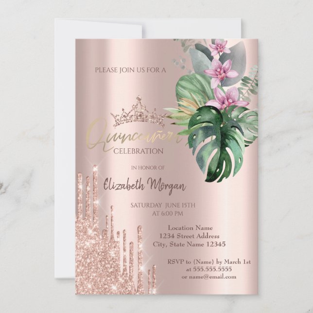 Invitación Flores Tropicales de Caída con Brillo de Oro Rosa (Anverso)