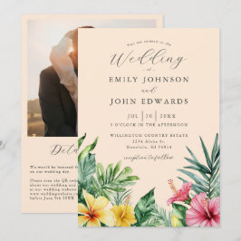 Invitación Flores tropicales de color Peach Foto Boda de códi