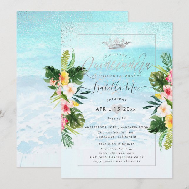 Invitación Flores tropicales de PixDezines+Quinceanera de pla (Anverso / Reverso)