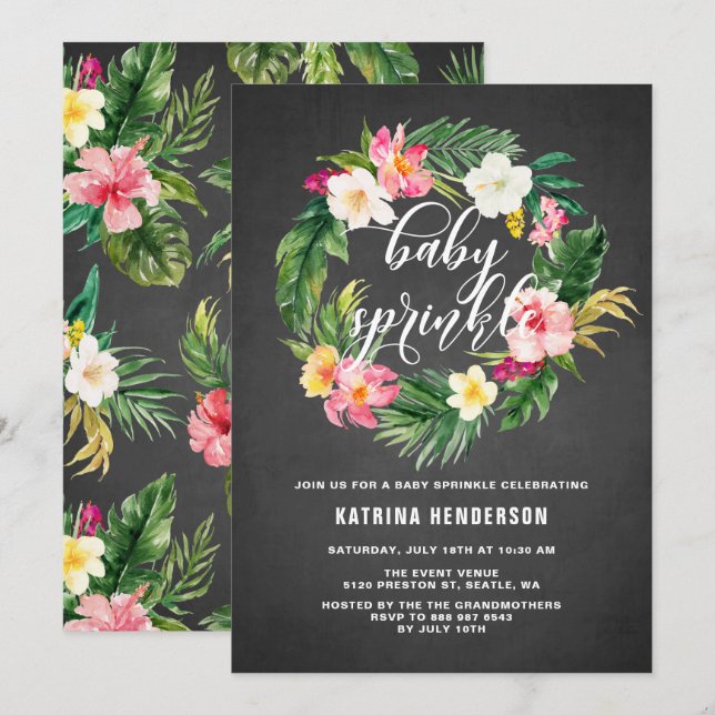 Invitación Flores tropicales de tablón de calderas rociadas p (Anverso / Reverso)
