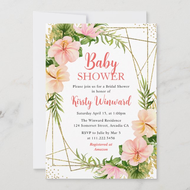 Invitación Flores tropicales de verano y Baby Shower de marco (Anverso)