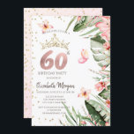Invitación Flores tropicales dejan diamantes 60 años<br><div class="desc">Tiara dorada,  flores tropicales y diamantes de fondo blanco.</div>