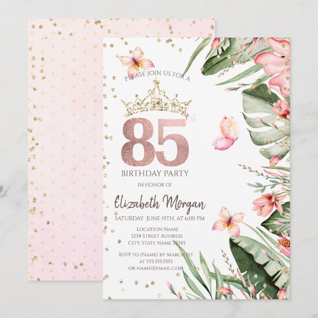 Invitación Flores tropicales dejan diamantes 85 años (Anverso / Reverso)